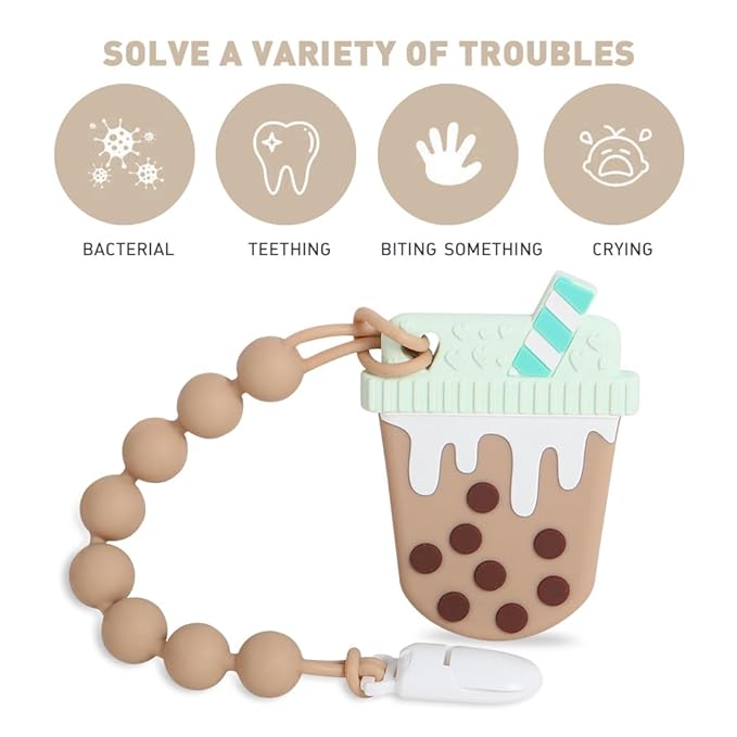 Baby Teething Toys,Food Grade Silicone Teether with One-Piece Pacifier Clip Holder,Shower Gift,Highly Effective Pain Relief for 3 Months+ Boy and Girl,BPA Free,Freezer Safe. (Bubble Tea Cup)