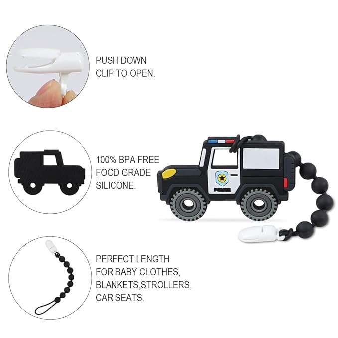 Baby Construction Vehicles Teething Toys,Food Grade Silicone Teether with One-Piece Pacifier Clip Holder,Shower Gift for 3 Months+ Boy and Girl,BPA Free,Freezer Safe. (Police Car)
