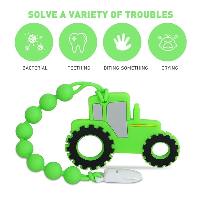 Baby Tractor Teething Toys,Food Grade Silicone Teether with One-Piece Pacifier Clip Holder,Highly Effective Pain Relief for 3 Months+ Boy and Girl,BPA Free,Freezer Safe. (Green)