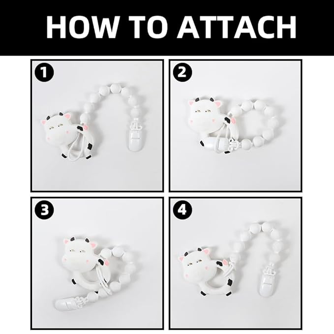 Baby Food Grade Silicone Teether Toy with Pacifier Clip Holder,Teething Toys Gift Set for 3 Months+ Boys and Girls,Freezer Safe,BPA Free. (Cow)