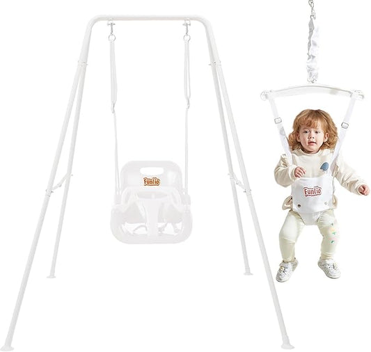 FUNLIO 2 in 1 Swing Set for Toddler & Baby Jumper, Heavy Duty Kids Swing & Bouncer with 4 Sandbags, Foldable Metal Stand for Indoor/Outdoor Play, Easy to Assemble and Store - White