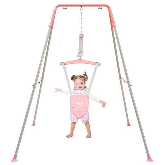 FUNLIO Baby Jumper with Stand for 6-24 Months, Infant Jumper for Indoor/Outdoor Play, Toddler Jumper for Baby Girl/Boy, with Adjustable Chain, Easy to Assemble & Store (with Stand) - Pink