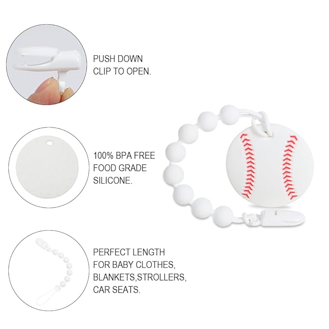 Baby Sports Ball Teething Toys,Food Grade Silicone Teether with One-Piece Pacifier Clip Holder,Shower Gift,Teething Pain Relief for 3 Months+ Boy and Girl,BPA Free,Freezer Safe. (Baseball)