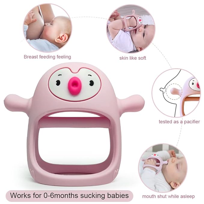 Smily Mia Baby Teething Toy |Penguin Teether for 0-6Months |Reindeer Baby Chew Toys for 3m+, Soft Silicone Hand Teether |Teething Mitten for Teeth Pain Relief, Newborn Essentials Gift Box, Light Pink