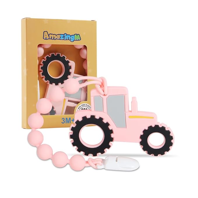 Baby Food Grade Silicone Tractor Truck Teether Toy with One Piece Design Pacifier Clip Holder,Teething Toys Gift Set for 3 Months+ Boys and Girls,Freezer Safe,BPA Free. (Pink)