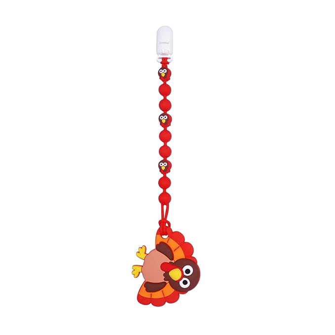 Cute Animal Baby Food Grade Silicone Teether Toy with One Piece Design Pacifier Clip Holder,Teething Toys Gift Set for 3 Months+ Boys and Girls,Freezer Safe,BPA Free (Red Turkey)