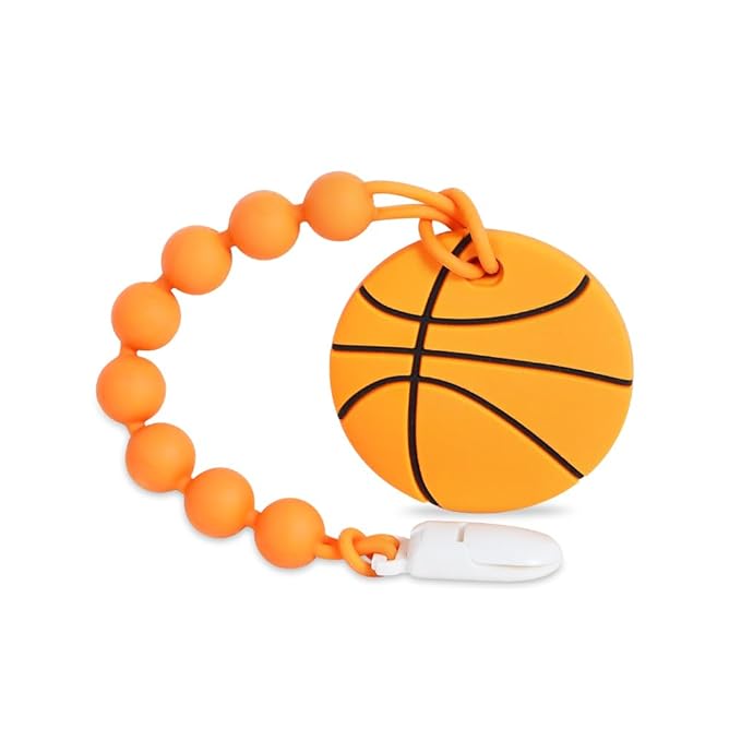 Baby Sports Ball Teething Toys,Food Grade Silicone Teether with One-Piece Pacifier Clip Holder,Shower Gift,Teething Pain Relief for 3 Months+ Boy and Girl,BPA Free,Freezer Safe. (Basketball)