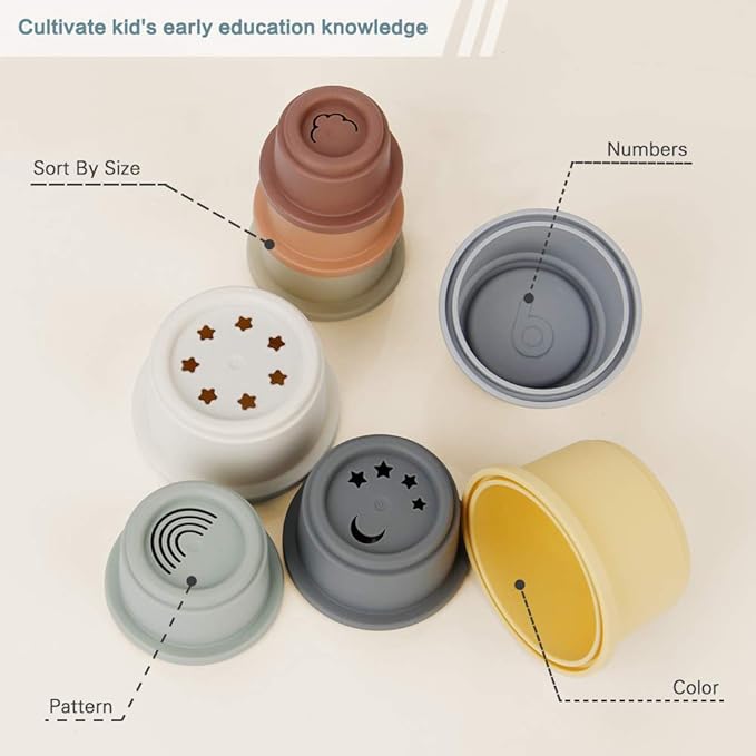 BOBXIN Stacking Cups Baby Building/Bathtub/Beach Toy, Nesting Cup Early Educational Montessori Toddlers Stacking Toy, 8 Pcs with Numbers & Pattern, Fun for Kid Baby 6-12 Months Play for Indoor/Outdoor