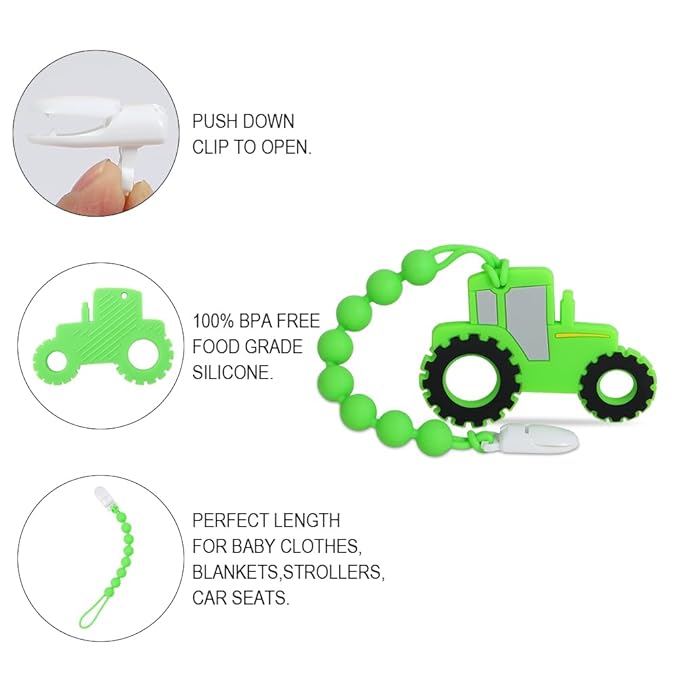 Baby Tractor Teething Toys,Food Grade Silicone Teether with One-Piece Pacifier Clip Holder,Highly Effective Pain Relief for 3 Months+ Boy and Girl,BPA Free,Freezer Safe. (Green)