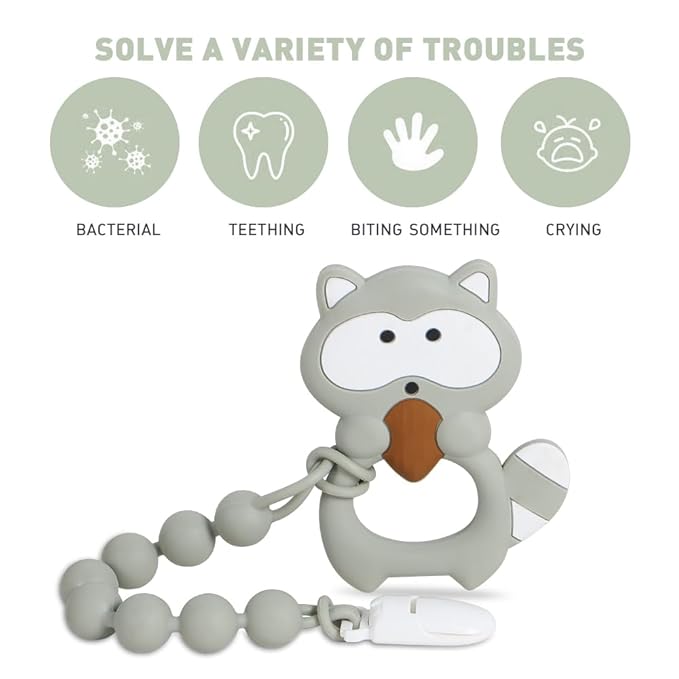 Baby Teething Toys,Food Grade Silicone Teether with One-Piece Pacifier Clip Holder,Shower Gift,Highly Effective Pain Relief for 3 Months+ Boy and Girl,BPA Free,Freezer Safe. (Gray Raccoon)