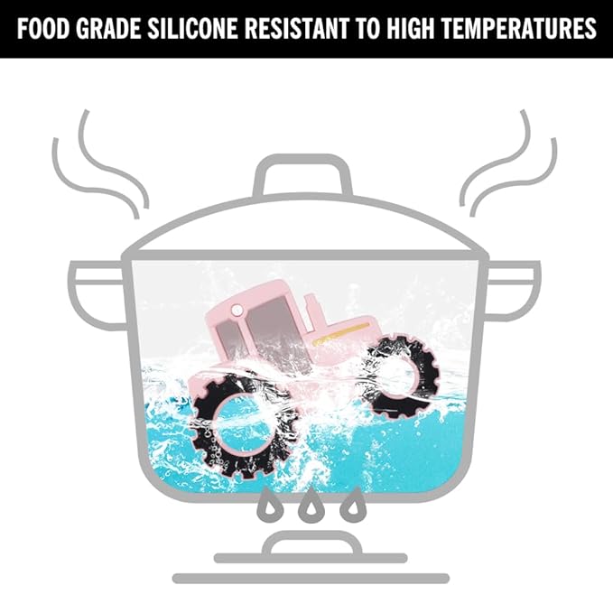 Baby Tractor Teething Toys,Food Grade Silicone Teether with One-Piece Pacifier Clip Holder,Baby Gift,Highly Effective Pain Relief for 3 Months+ Boy and Girl,BPA Free,Freezer Safe. (Pink)