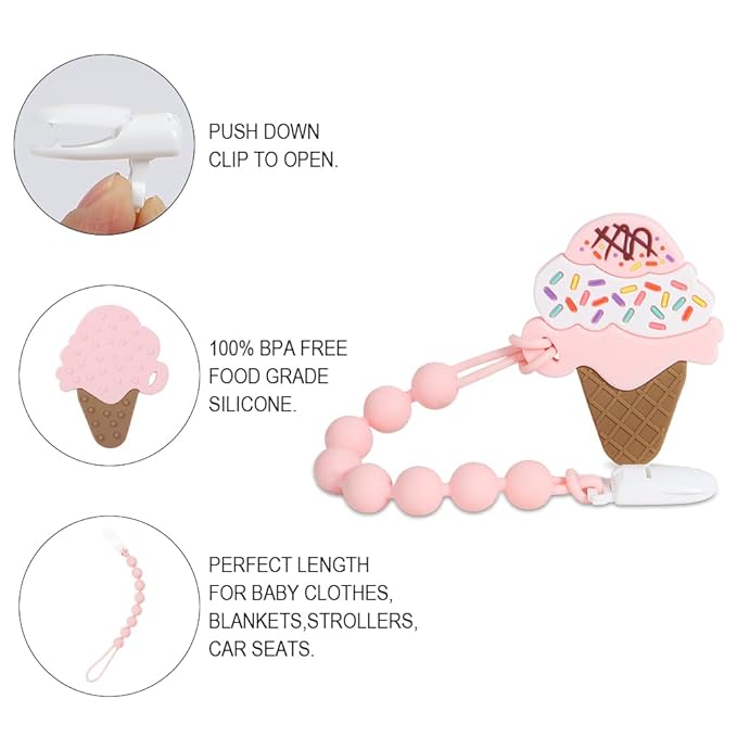 Baby Teething Toys,Food Grade Silicone Teether with One-Piece Pacifier Clip Holder,Baby Gift,Highly Effective Pain Relief for 3 Months+ Boy and Girl,BPA Free,Freezer Safe. (Ice Cream)
