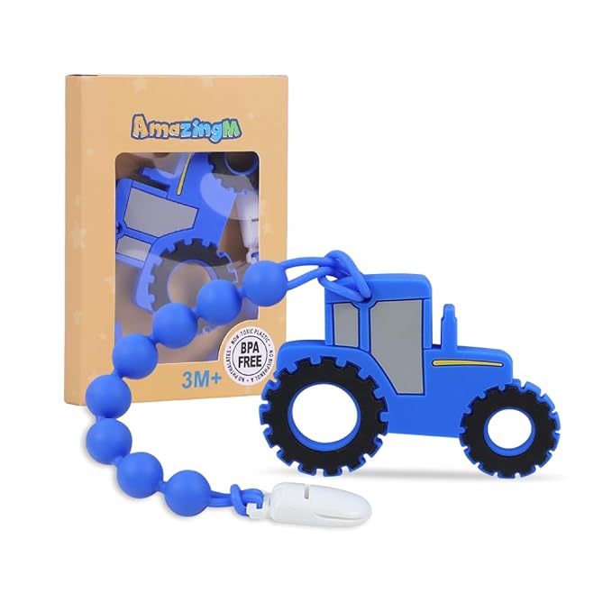 Baby Food Grade Silicone Tractor Truck Teether Toy with Pacifier Clip Holder,Teething Toys Gift Set for 3 Months+ Boys and Girls,Freezer Safe,BPA Free. (Blue)