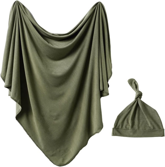 iEvolve Cotton Knitted Baby Swaddle Blanket with Hat Headband Set Newborn Swaddle Wrap Receiving Blankets for Baby Girl Boy 45" x 45"(OliverGreen)