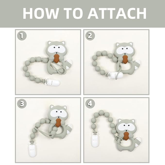 Baby Food Grade Silicone Teether Toy with One Piece Design Pacifier Clip Holder,Teething Toys Gift Set for 3 Months+ Boys and Girls,Freezer Safe,BPA Free. (Gray Raccoon)