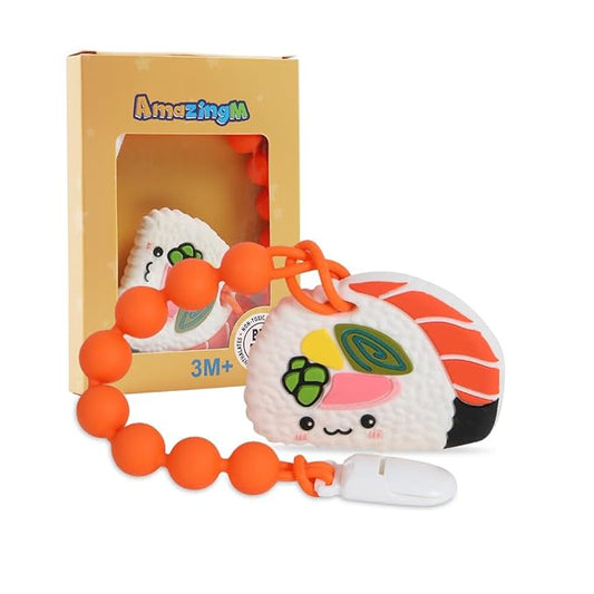 Baby Food Grade Silicone Teether Toy with Pacifier Clip Holder,Teething Toys Gift Set for 3 Months+ Boys and Girls,Freezer Safe,BPA Free. (Sushi)