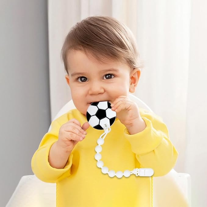 Baby Food Grade Silicone Sport Ball Teether Toy with Pacifier Clip Holder,Teething Toys Gift Set for 3 Months+ Boys and Girls,Freezer Safe,BPA Free. (Soccer)
