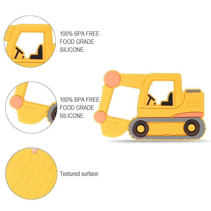 Baby Food Grade Silicone Carrier Vehicle Teether Toy with Pacifier Clip Holder,Teething Toys Gift Set for 3 Months+ Boys and Girls,Freezer Safe,BPA Free. (Excavator)