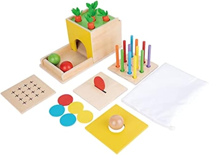 Adena Montessori 5 in 1 Wooden Montessori Play Kit Baby Toys,Object Permanence Box,Matchstick Color Drop,Cotton Swab Drop Game,Carrot Harvest and Coin Box for Kid 1 Year Old,Gift for Baby 6-12 Month