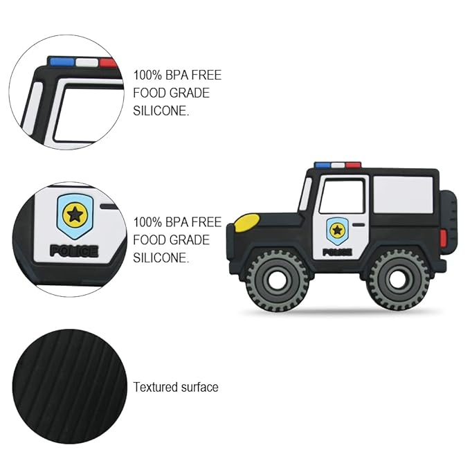 Baby Food Grade Silicone Carrier Vehicle Teether Toy with Pacifier Clip Holder,Teething Toys Gift Set for 3 Months+ Boys and Girls,Freezer Safe,BPA Free. (Police Car)