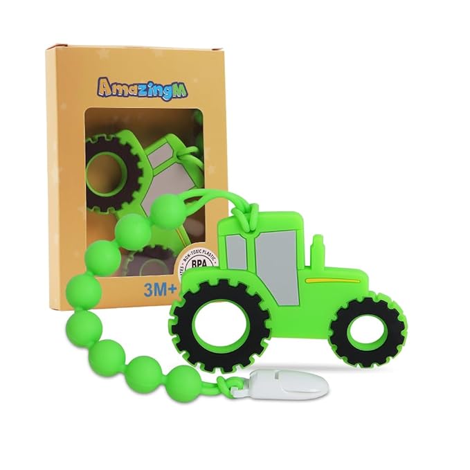 Baby Food Grade Silicone Tractor Truck Teether Toy with One Piece Design Pacifier Clip Holder,Teething Toys Gift Set for 3 Months+ Boys and Girls,Freezer Safe,BPA Free. (Green)