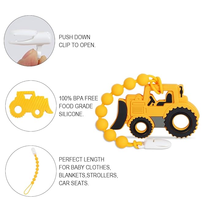 Baby Construction Vehicles Teething Toys,Food Grade Silicone Teether with One-Piece Pacifier Clip Holder,Shower Gift for 3 Months+ Boy and Girl,BPA Free,Freezer Safe. (Bulldozer)