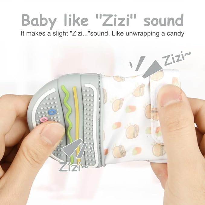 2Pack Silicone Teething Mitt, Hamburger Baby Teething Toy for 0-6 6-12 Months, Food Grade Silicone Infant Teething Mitten, BPA-Free Baby Chew Toys for Pain Relief, Sucking Needs