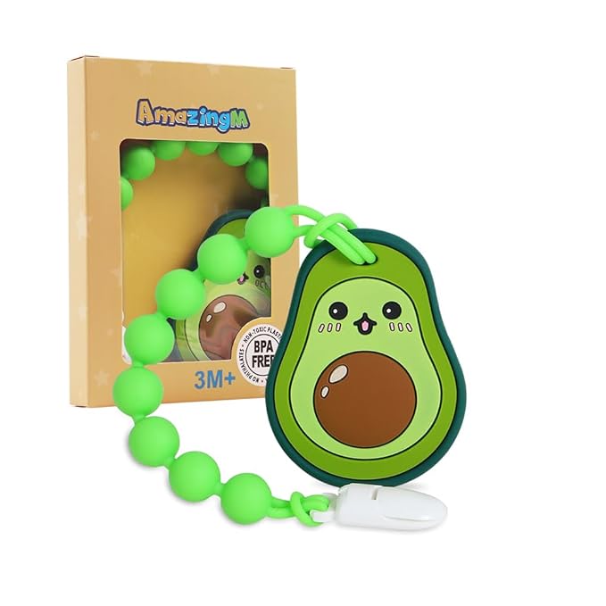 Baby Food Grade Silicone Teether Toy with Pacifier Clip Holder,Teething Toys Gift Set for 3 Months+ Boys and Girls,Freezer Safe,BPA Free. (Avocado)