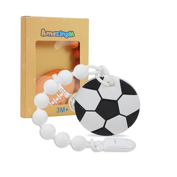 Baby Food Grade Silicone Sport Ball Teether Toy with Pacifier Clip Holder,Teething Toys Gift Set for 3 Months+ Boys and Girls,Freezer Safe,BPA Free. (Soccer)