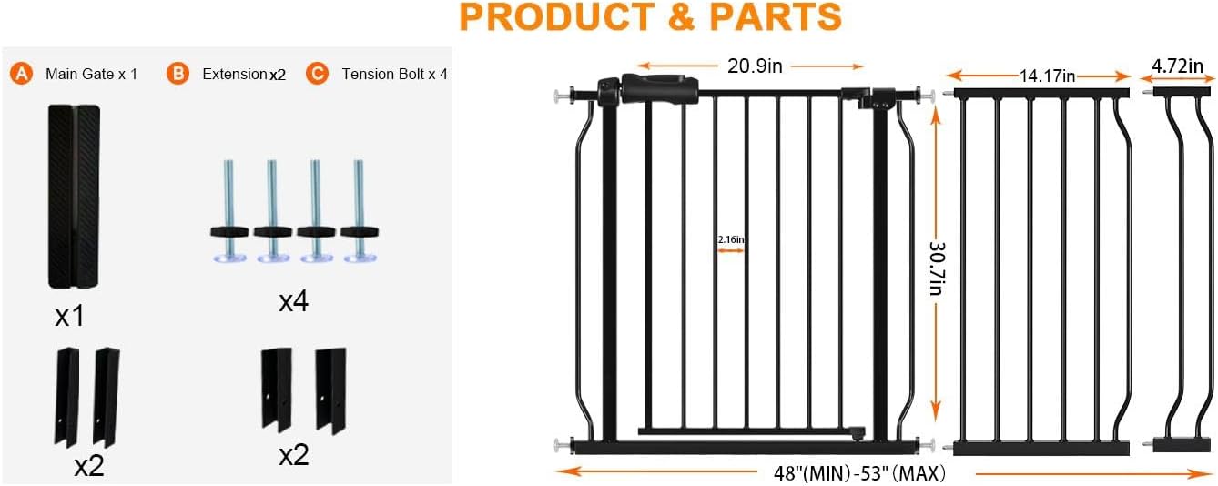 HOOEN 30" Tall Extra Wide Baby Gates for Doorways Stairs 48 to 53 Inch Long Large Pressure Mounted Dog Gates for The House Walk Through Gates Indoor Safety Child Gates for Kids or Pets