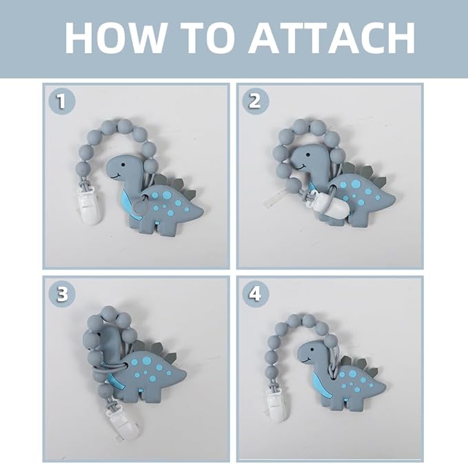 Baby Food Grade Silicone Teether Toy with Pacifier Clip Holder,Teething Toys Gift Set for 3 Months+ Boys and Girls,Freezer Safe,BPA Free. (Gray Dinosaur)