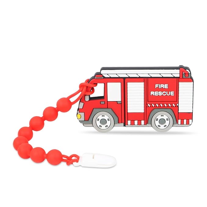 Fire Rescue Truck Teether, Baby Construction Vehicles Teething Toys, Food Grade Silicone Teether with One-Piece Pacifier Clip Holder, BPA Free, Freezer Safe, 3 Months+, Fire Rescue Truck color