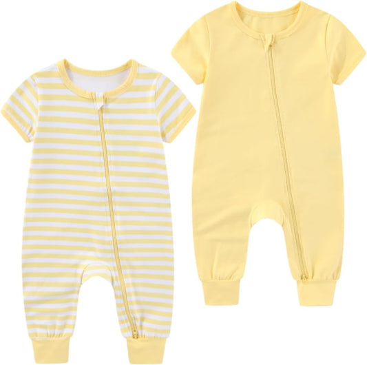 2 Pack Unisex Baby Short Sleeve Rompers 2 Way Zipper New Born One-Piece Jumpsuits 0-24Months Infant Outfits