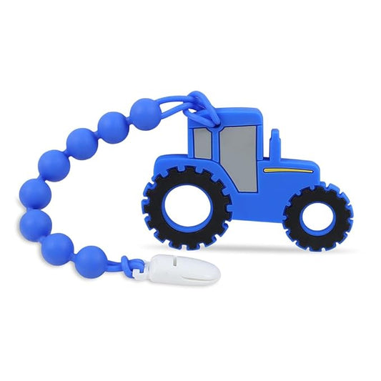 Baby Tractor Teething Toys,Food Grade Silicone Teether with One-Piece Pacifier Clip Holder,Highly Effective Pain Relief for 3 Months+ Boy and Girl,BPA Free,Freezer Safe. (Blue)
