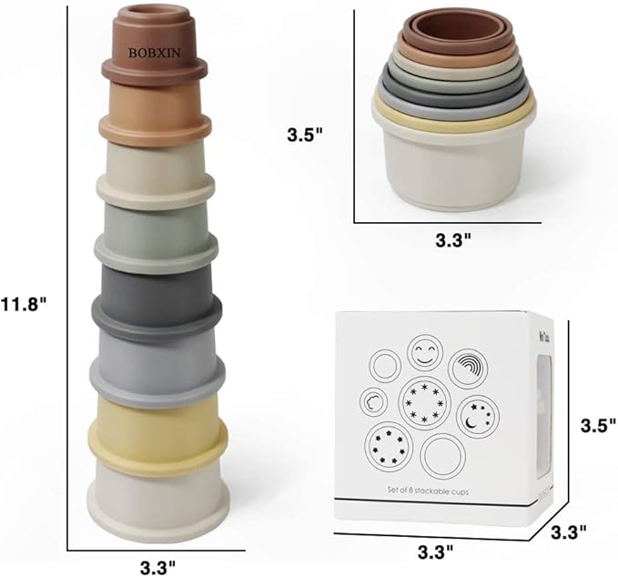 BOBXIN Stacking Cups Baby Building/Bathtub/Beach Toy, Nesting Cup Early Educational Montessori Toddlers Stacking Toy, 8 Pcs with Numbers & Pattern, Fun for Kid Baby 6-12 Months Play for Indoor/Outdoor