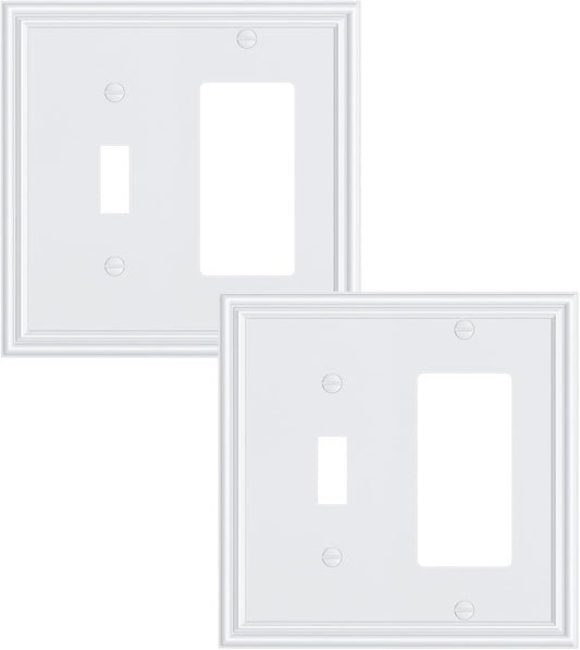 2-Pack Combo Toggle/Decorator Light Switch Cover Plate, Pure White Decorative Electrical Outlet Covers, Durable Solid Zinc Alloy Wall Switch Plates and Outlet Covers