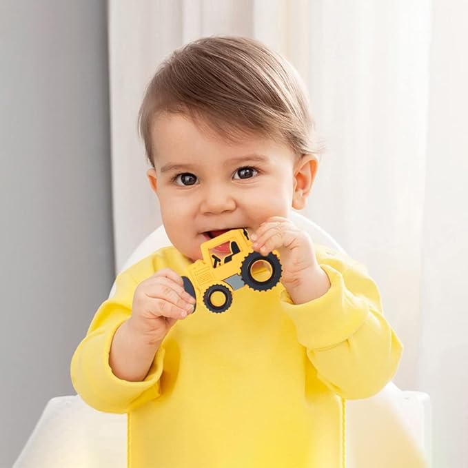 Baby Food Grade Silicone Carrier Vehicle Teether Toy with Pacifier Clip Holder,Teething Toys Gift Set for 3 Months+ Boys and Girls,Freezer Safe,BPA Free. (Bulldozer)
