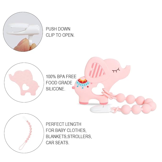 Baby Teething Toys,Food Grade Silicone Teether with One-Piece Pacifier Clip Holder,Shower Gift,Highly Effective Pain Relief for 3 Months+ Boy and Girl,BPA Free,Freezer Safe. (Pink Elephant)