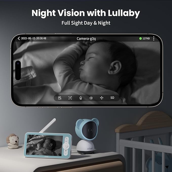 ieGeek 1080p Baby Monitor with Night Vision, 5" LCD Screen&Phone App Control, PTZ, 3000mAh Battery, Automatic Tracking, Cry&Motion Detection, Feeding Reminder, 2 Way Audio, Baby Gift