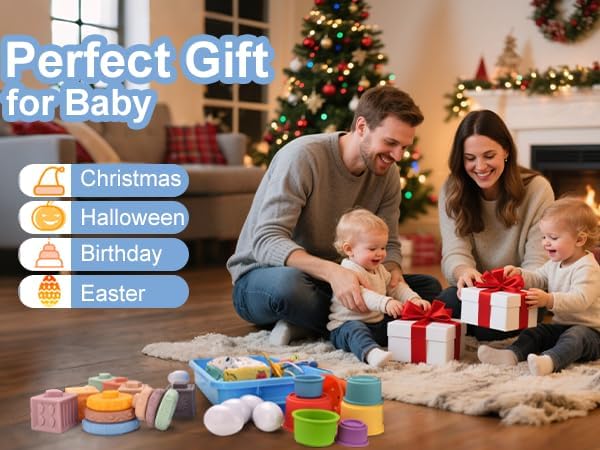 Baby Toys 6-12 Months,Baby Montessori Toys for 1 Year old,6-in-1 Sensory Toys for Babies 6-12 Month,Stacking Cups Building Blocks,Teething Pull String,Tissue Box Toys for 6-9-12-18 Months Baby Gifts