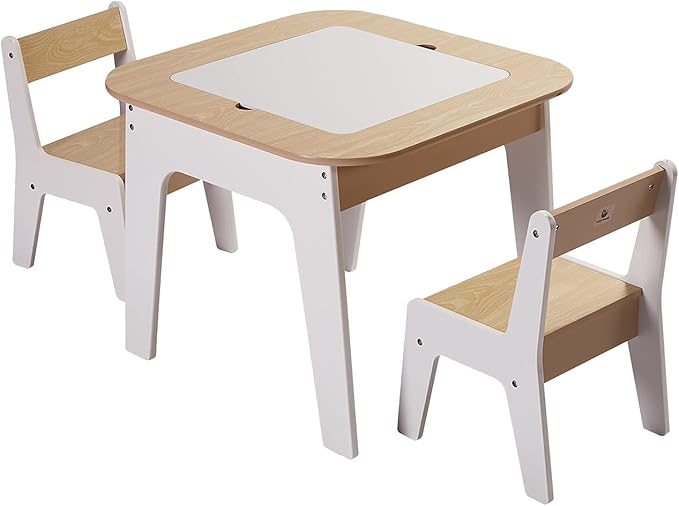 Toffy & Friends Wooden Storage Table and Chairs Set, White, 3-Piece Set, Ideal for Children's Learning, Activity Table or Dining
