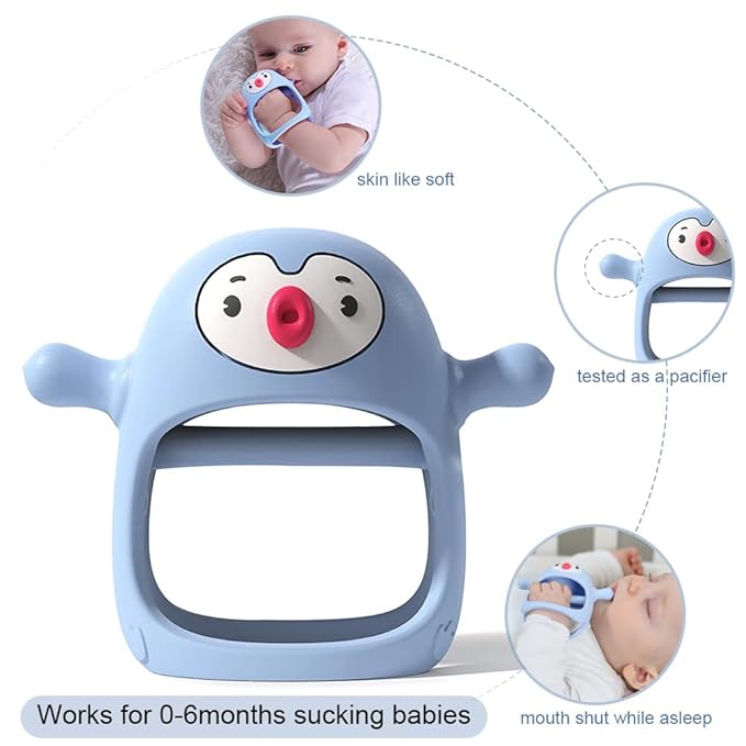 Smily Mia 2pack Baby Teething Toys for 0-6 3-6Months |Penguin Teether | Hand Teethers| Teething Mittens|Chew Toys for Teething Pain Relief, Baby Pacifiers| New Born Essentials, Blue+Grey