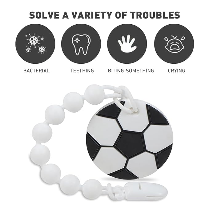 Baby Sports Ball Teething Toys,Food Grade Silicone Teether with One-Piece Pacifier Clip Holder,Shower Gift,Teething Pain Relief for 3 Months+ Boy and Girl,BPA Free,Freezer Safe. (Soccer)