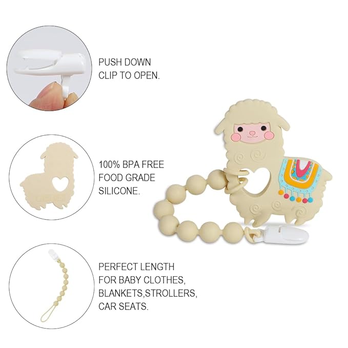 Baby Teething Toys,Food Grade Silicone Teether with One-Piece Pacifier Clip Holder,Shower Gift,Highly Effective Pain Relief for 3 Months+ Boy and Girl,BPA Free,Freezer Safe. (Yellow Llama)