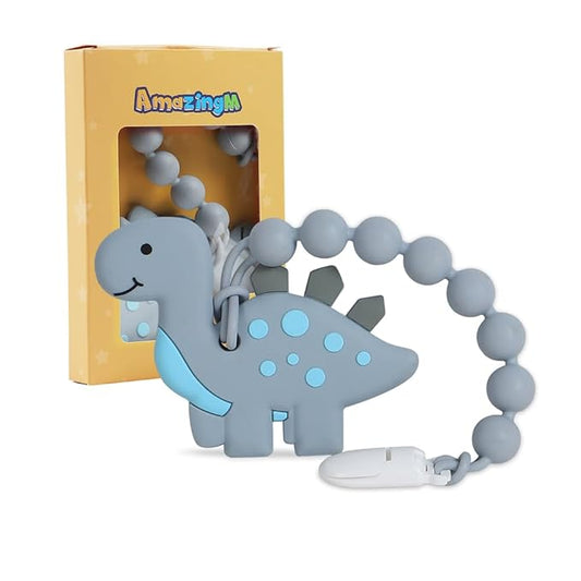 Baby Food Grade Silicone Teether Toy with Pacifier Clip Holder,Teething Toys Gift Set for 3 Months+ Boys and Girls,Freezer Safe,BPA Free. (Gray Dinosaur)