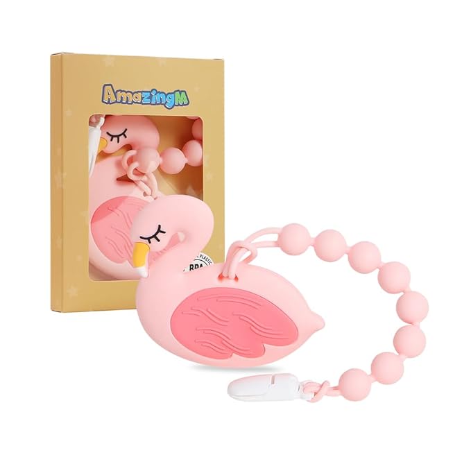 Baby Food Grade Silicone Teether Toy with Pacifier Clip Holder,Teething Toys Gift Set for 3 Months+ Boys and Girls,Freezer Safe,BPA Free. (Pink Flamingo)