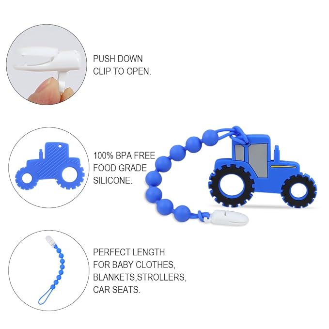 Baby Tractor Teething Toys,Food Grade Silicone Teether with One-Piece Pacifier Clip Holder,Highly Effective Pain Relief for 3 Months+ Boy and Girl,BPA Free,Freezer Safe. (Blue)