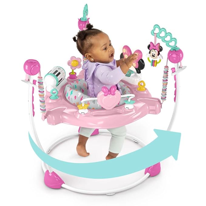 Bright Starts Disney Baby Minnie Mouse Forever Besties Baby Activity Center Jumper with 10 Toys, Lights & Sounds, 360-Degree Seat, 6-12 Months (Pink)