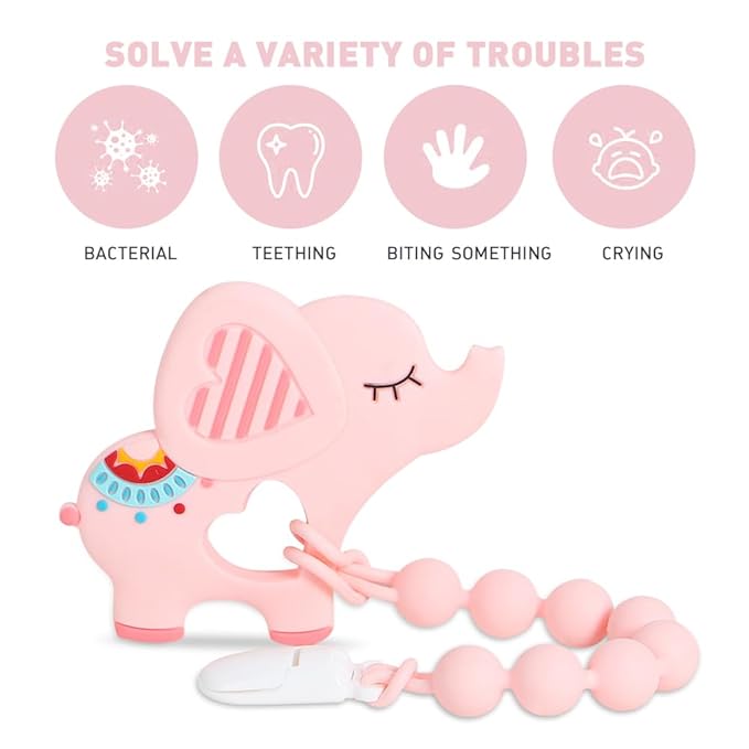 Baby Teething Toys,Food Grade Silicone Teether with One-Piece Pacifier Clip Holder,Shower Gift,Highly Effective Pain Relief for 3 Months+ Boy and Girl,BPA Free,Freezer Safe. (Pink Elephant)
