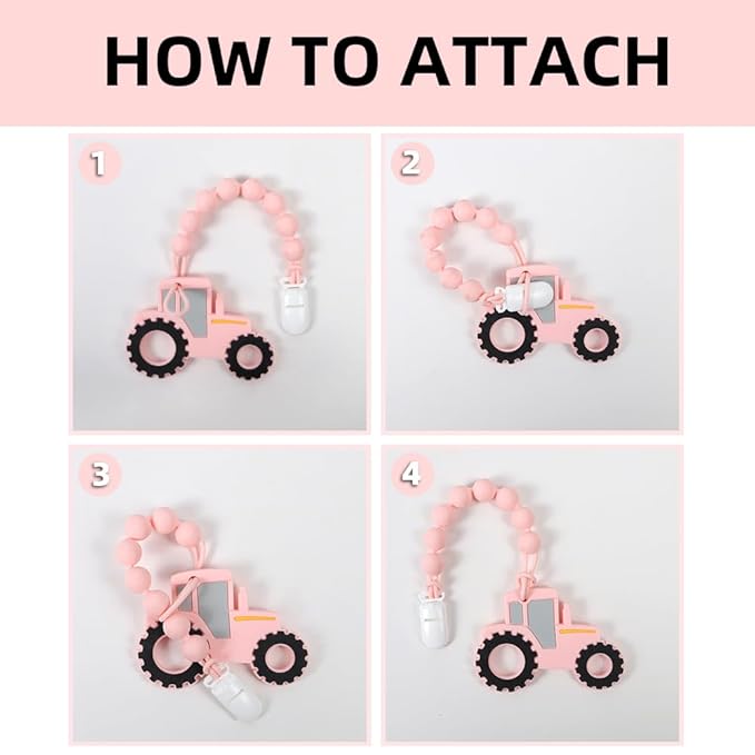 Baby Food Grade Silicone Tractor Truck Teether Toy with One Piece Design Pacifier Clip Holder,Teething Toys Gift Set for 3 Months+ Boys and Girls,Freezer Safe,BPA Free. (Pink)